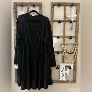 Black Sparkle V-Neck Long Sleeve Dress